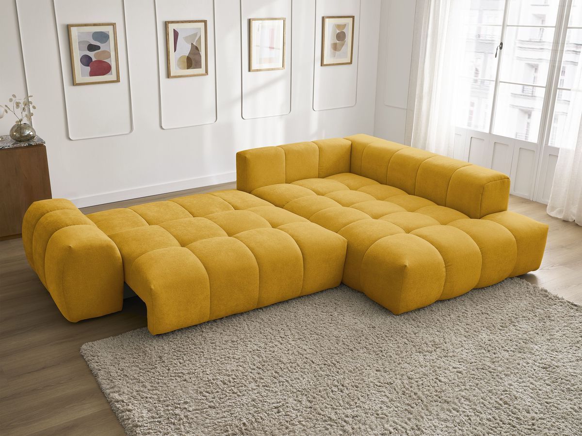 Bobochic Everest Ecksofa mit Schlaffunktion und Bettkasten 320 × 212 cm, 10 Kissen Strukturstoff Gelb Ecke rechts