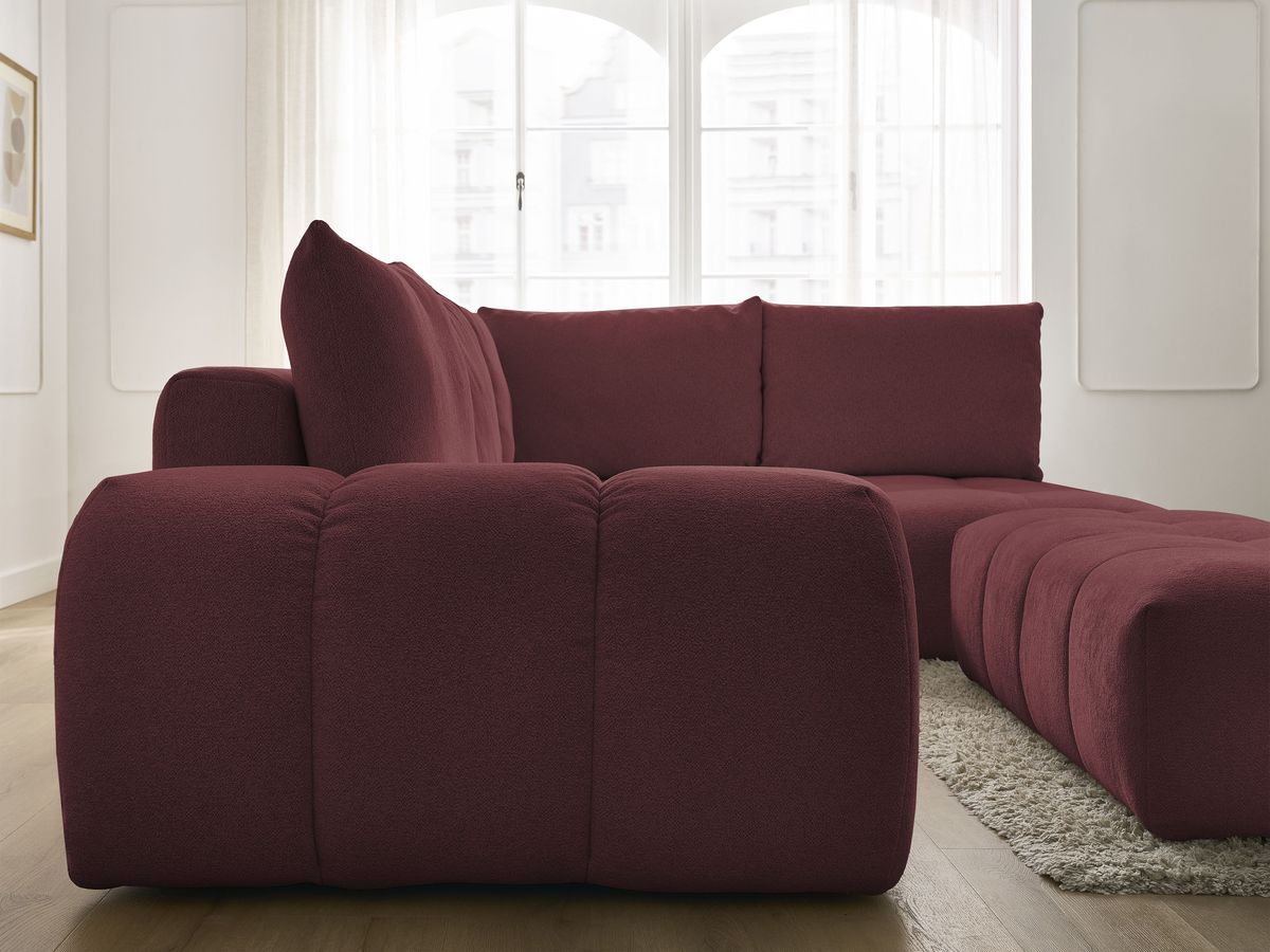 Bobochic Everest Ecksofa mit Schlaffunktion und Bettkasten und Pouf 320 × 212 cm, 5 Kissen Melange-Stoff Rot Ecke rechts