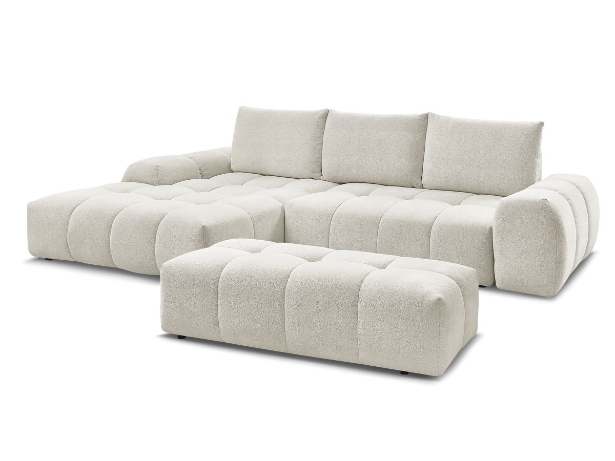 Bobochic Everest Ecksofa mit Schlaffunktion und Bettkasten und Pouf 318 × 180 cm, 3 Kissen Melange-Stoff Weiß Ecke links