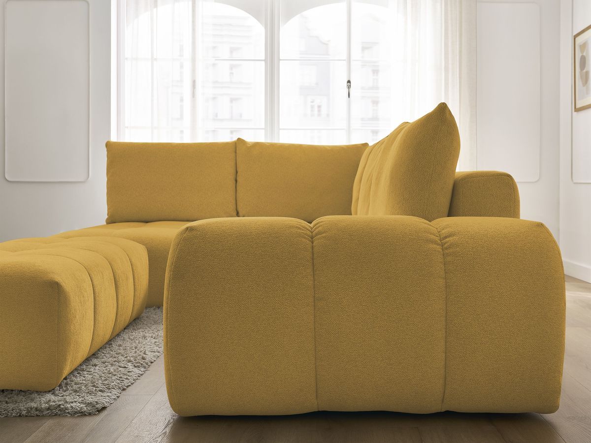 Bobochic Everest Ecksofa mit Schlaffunktion und Bettkasten und Pouf 320 × 212 cm, 5 Kissen Melange-Stoff Gelb Ecke links