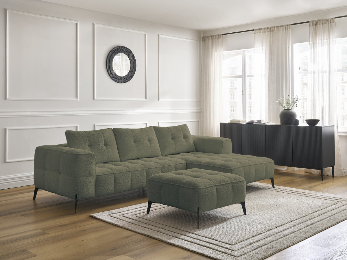 Bobochic Anis Ecksofa mit Pouf Bouclé-Stoff Grün Ecke rechts