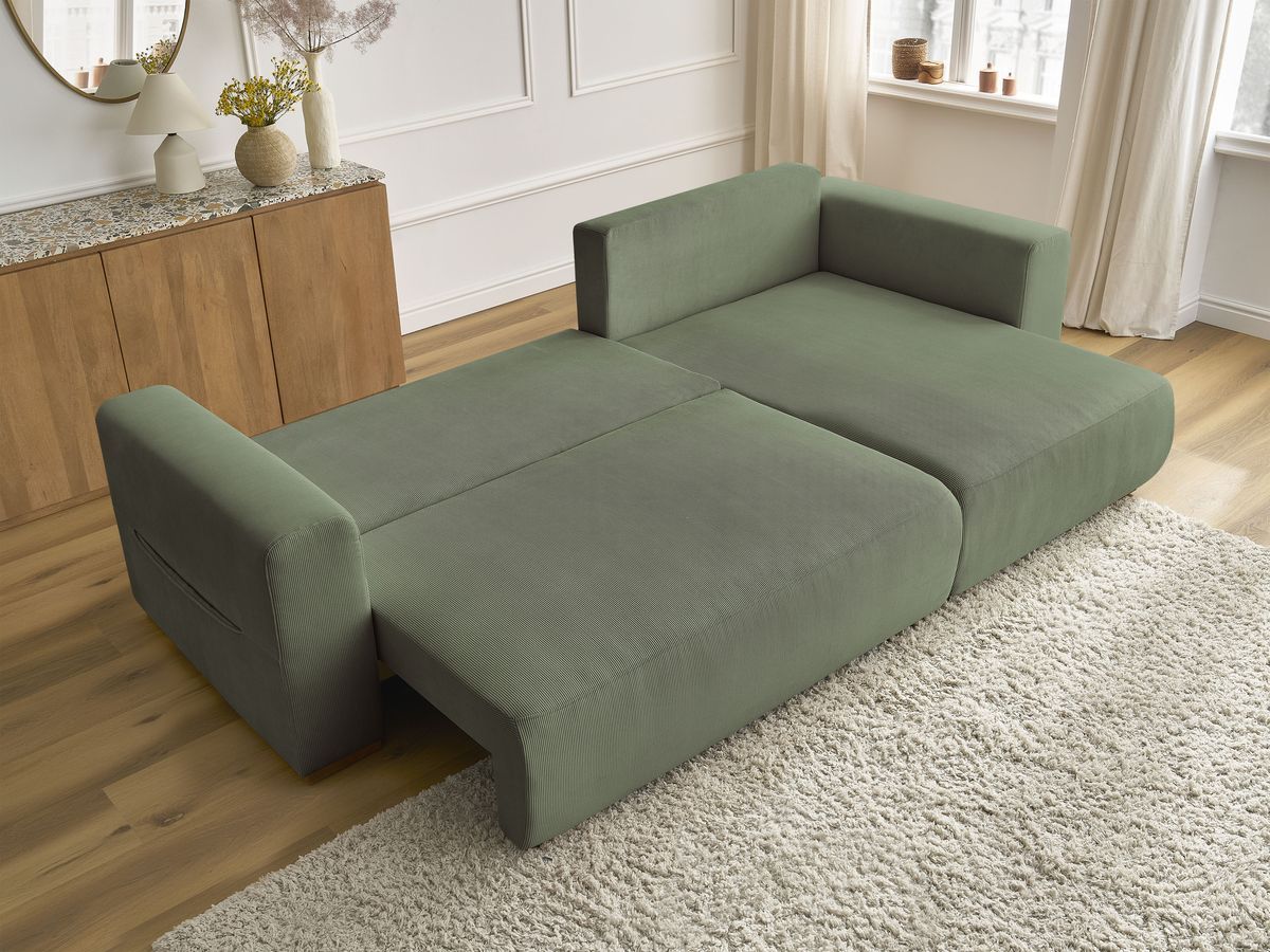 Bobochic Sidonie Ecksofa mit Schlaffunktion und Bettkasten Cordsamt Grün
