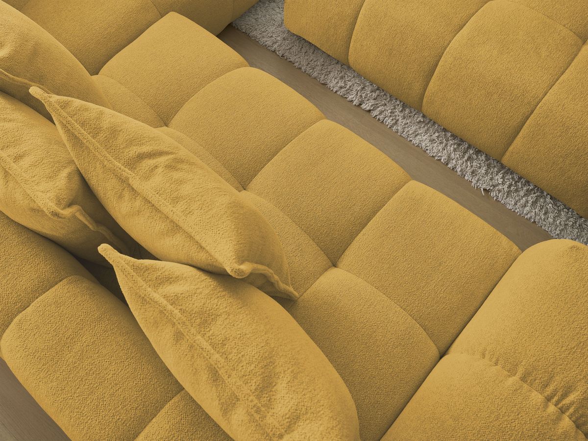 Bobochic Everest Ecksofa mit Schlaffunktion und Bettkasten und Pouf 320 × 212 cm, 10 Kissen Melange-Stoff Gelb Ecke rechts
