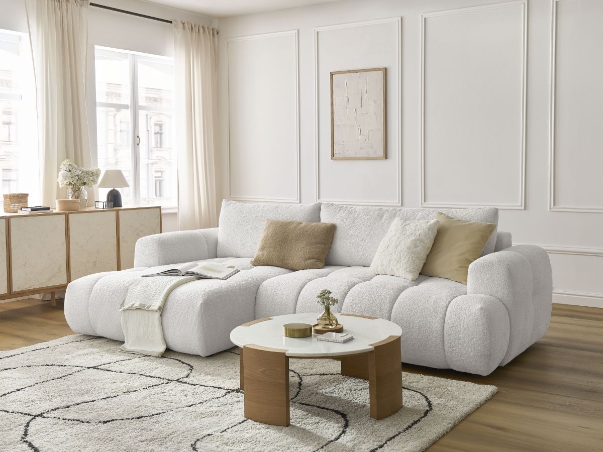 Bobochic Fuji Ecksofa mit Schlaffunktion und Bettkasten 292 × 160 cm Bouclé-Stoff Weiß Ecke links