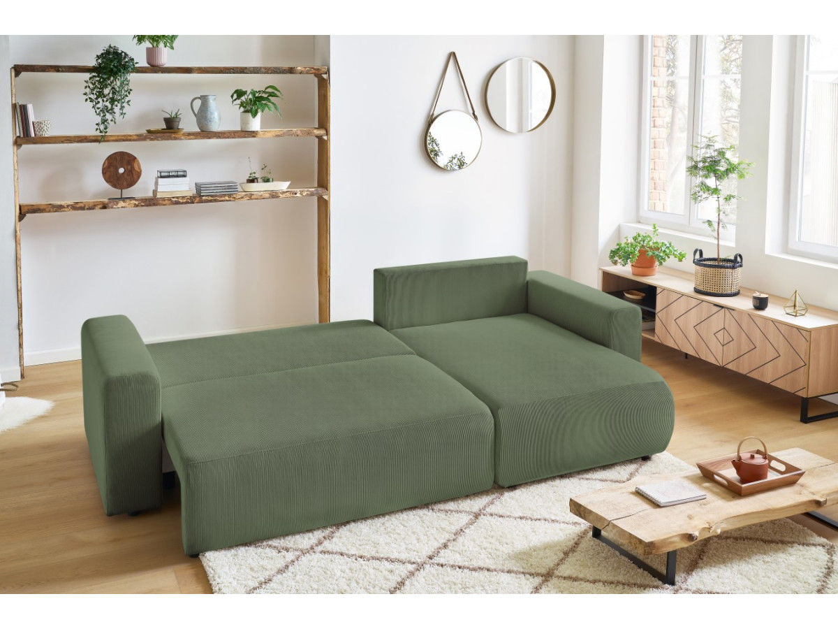 Bobochic Envy Ecksofa mit Schlaffunktion und Bettkasten Cordsamt Grün