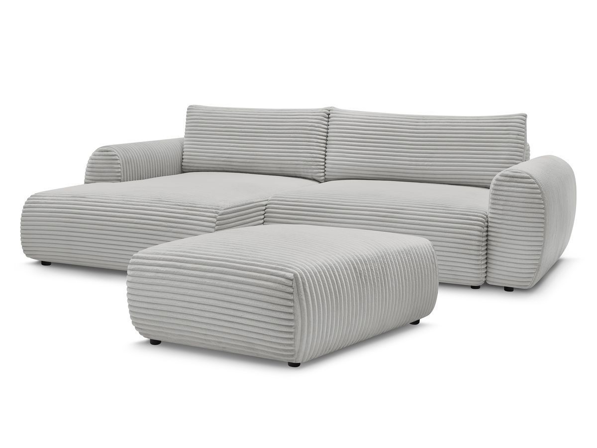 Bobochic Lucien Ecksofa mit Schlaffunktion und Bettkasten und Pouf 314 × 167 cm Breitcord weich Hellgrau Ecke links