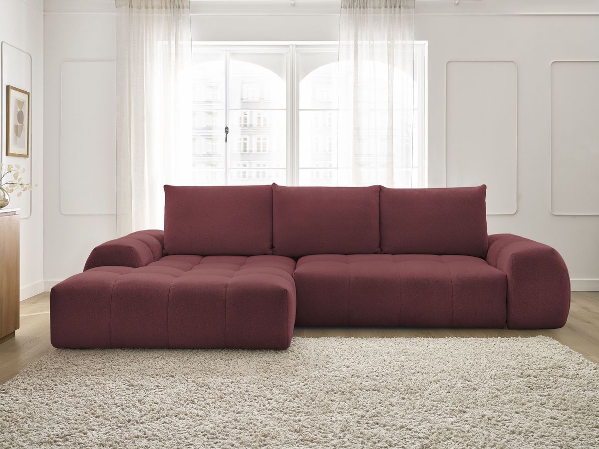 Bobochic Everest Ecksofa mit Schlaffunktion und Bettkasten 318 × 180 cm, 3 Kissen Melange-Stoff Rot Ecke links