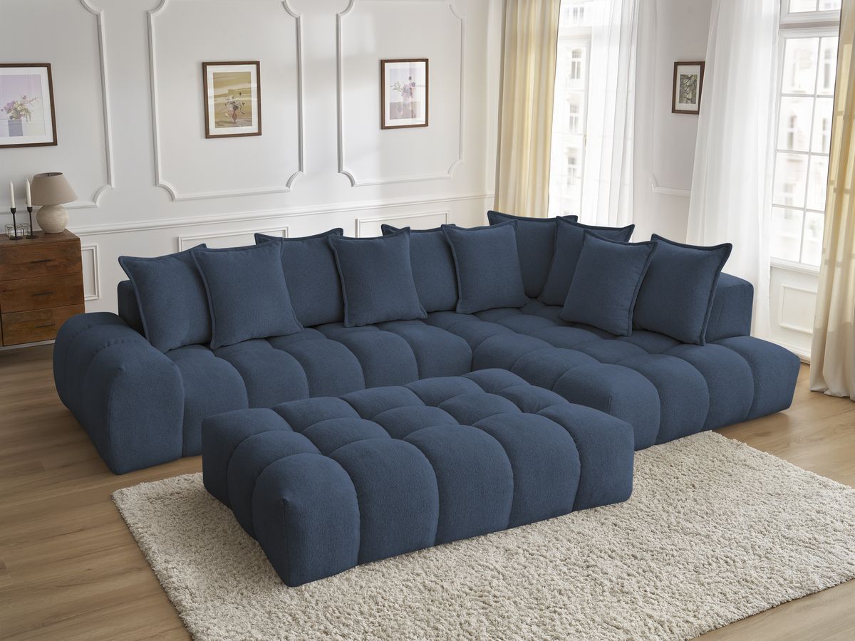 Bobochic Everest Ecksofa mit Schlaffunktion und Pouf, 10 Kissen Melange-Stoff Dunkelblau Ecke rechts