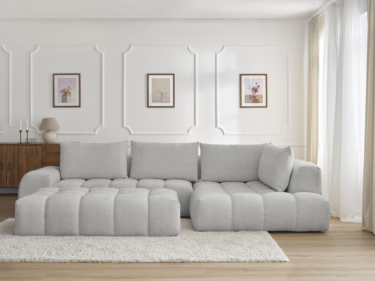 Bobochic Everest Ecksofa mit Schlaffunktion und Pouf, 4 Kissen Melange-Stoff Hellgrau Ecke rechts
