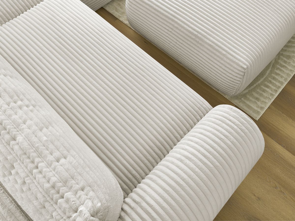 Bobochic Lucien Ecksofa mit Schlaffunktion und Bettkasten und Pouf 314 × 167 cm Breitcord weich Beige Ecke rechts