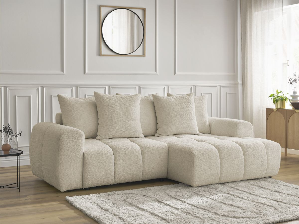 Bobochic Roxelane Ecksofa mit Schlaffunktion und Bettkasten 258 × 150 cm Bouclé-Stoff Beige Ecke rechts