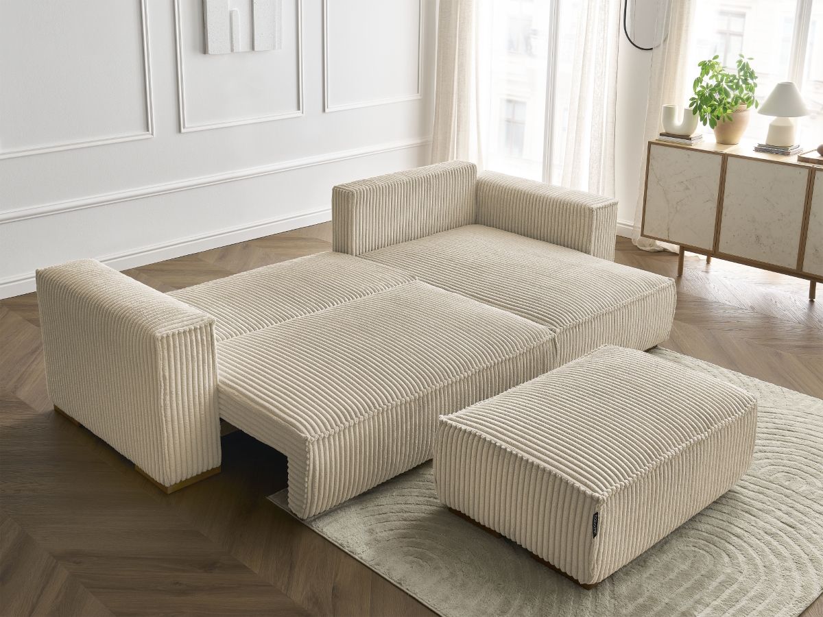 Bobochic Chelsea Ecksofa mit Schlaffunktion und Bettkasten und Pouf Breitcord weich Taupe