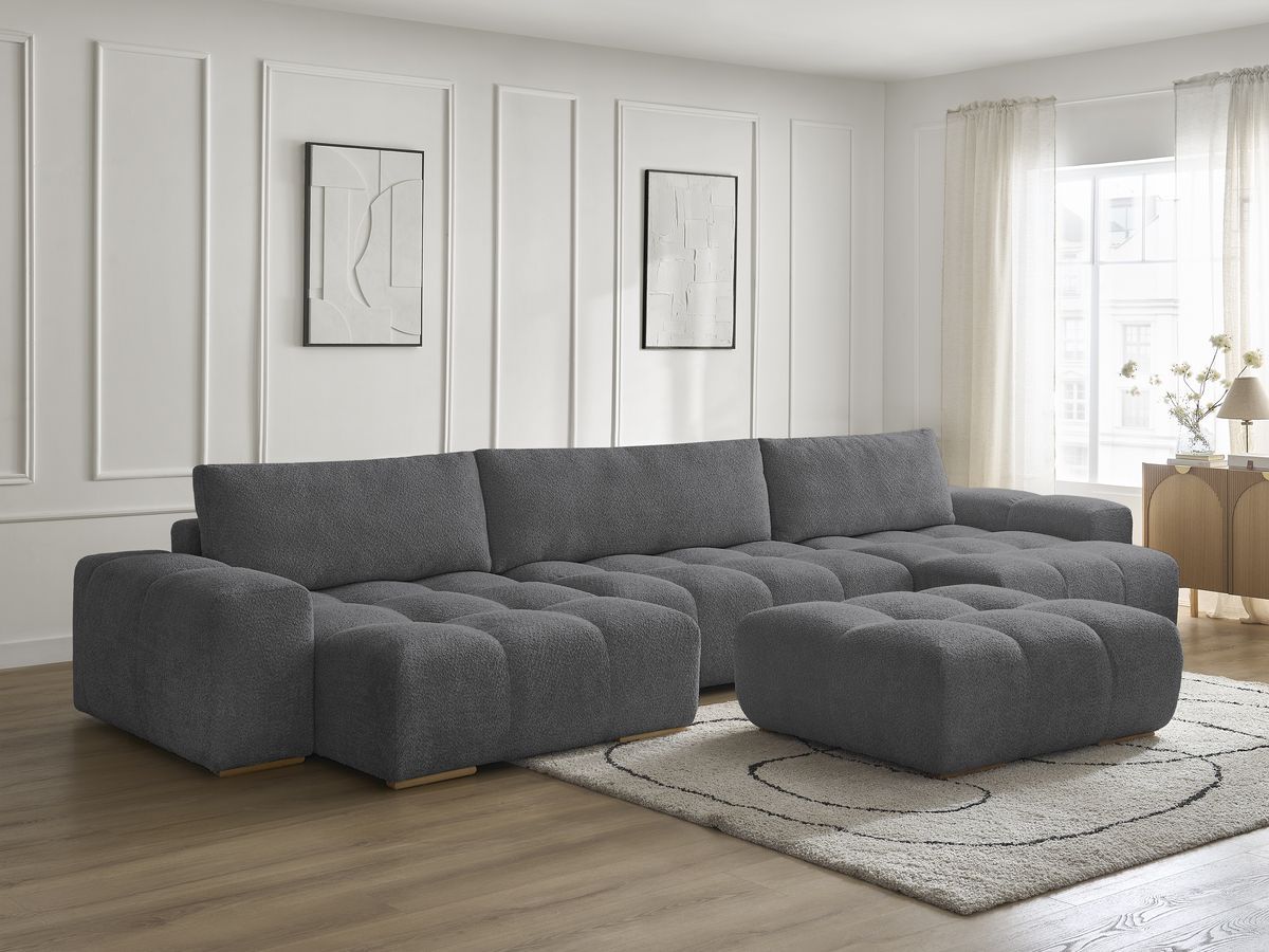 Bobochic Anakin Wohnlandschaft mit Pouf, 3 Kissen Bouclé-Stoff Dunkelgrau