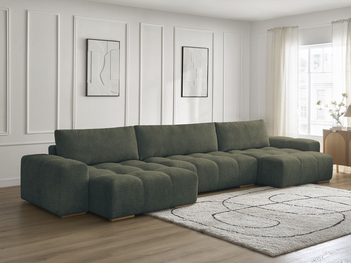 Bobochic Anakin Wohnlandschaft, Liegefläche 137 × 382 cm, 3 Kissen Bouclé-Stoff Grün