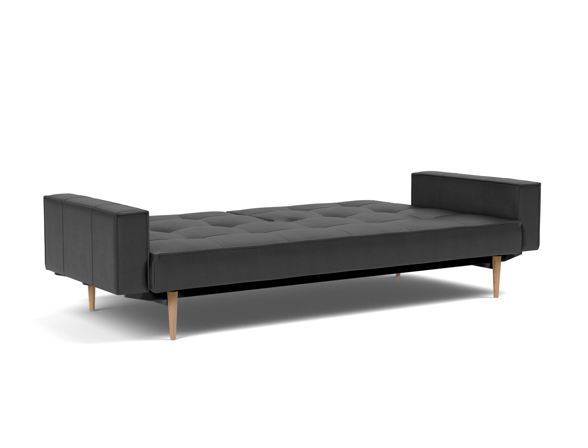 Schlafsofa Splitback mit Armlehnen Lederoptik Faunal 550-Black Beine Styletto Eiche hell