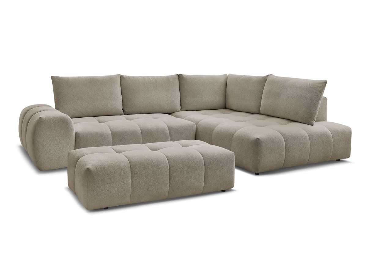 Bobochic Everest Ecksofa mit Schlaffunktion und Bettkasten und Pouf 320 × 212 cm, 5 Kissen Melange-Stoff Taupe Ecke rechts