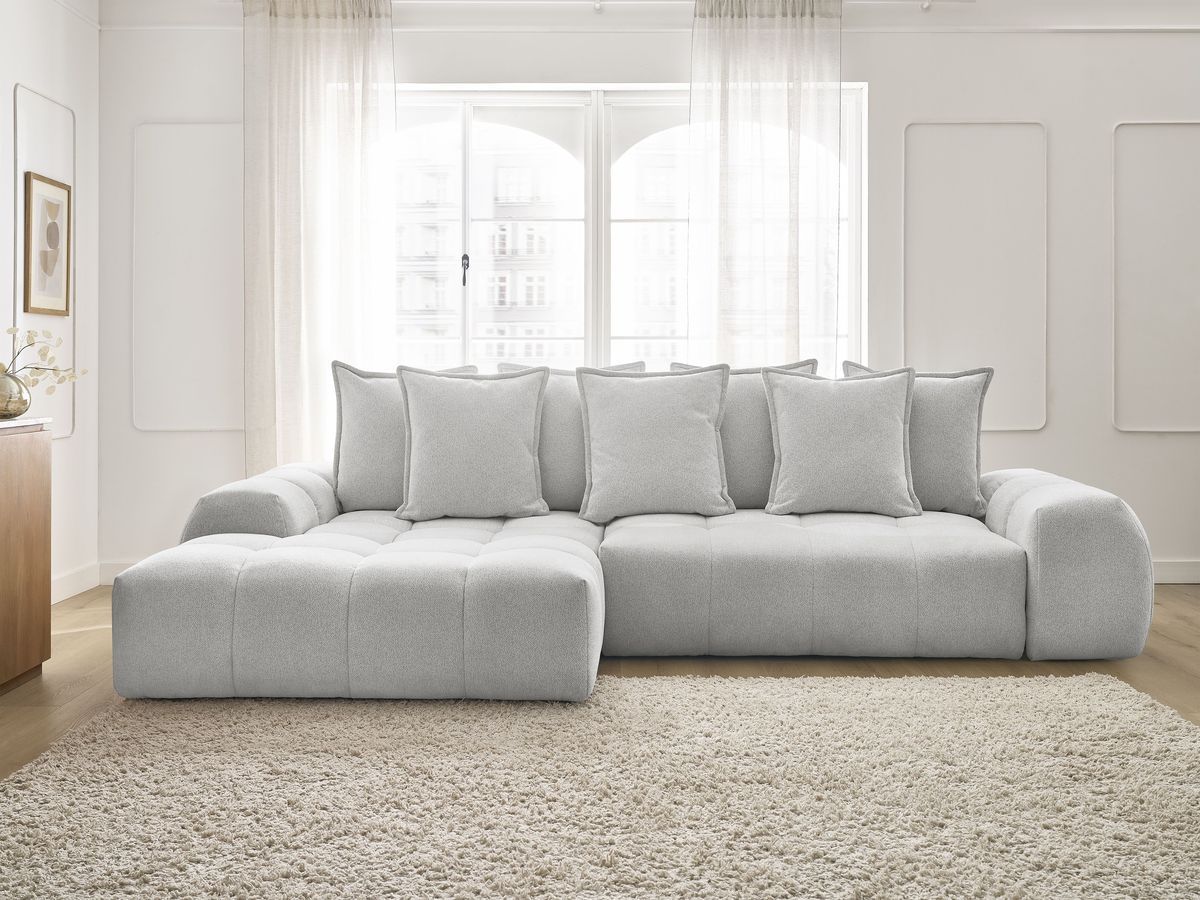 Bobochic Everest Ecksofa mit Schlaffunktion und Bettkasten 318 × 180 cm, 7 Kissen Melange-Stoff Hellgrau Ecke links