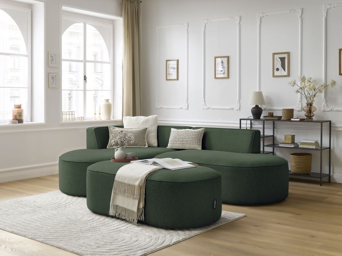 Bobochic Rousseau Ecksofa mit Pouf Melange-Stoff Grün Ecke links
