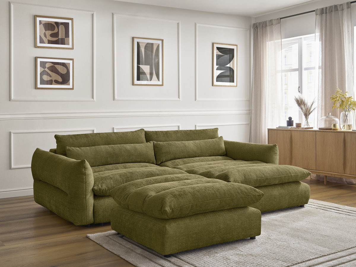 Bobochic Neil Ecksofa mit Pouf Strukturstoff Grün Ecke rechts