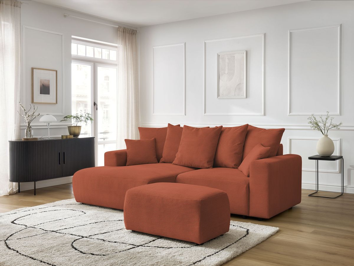 Bobochic Atilla Ecksofa mit Schlaffunktion und Bettkasten und Pouf Cordsamt Orange Ecke links