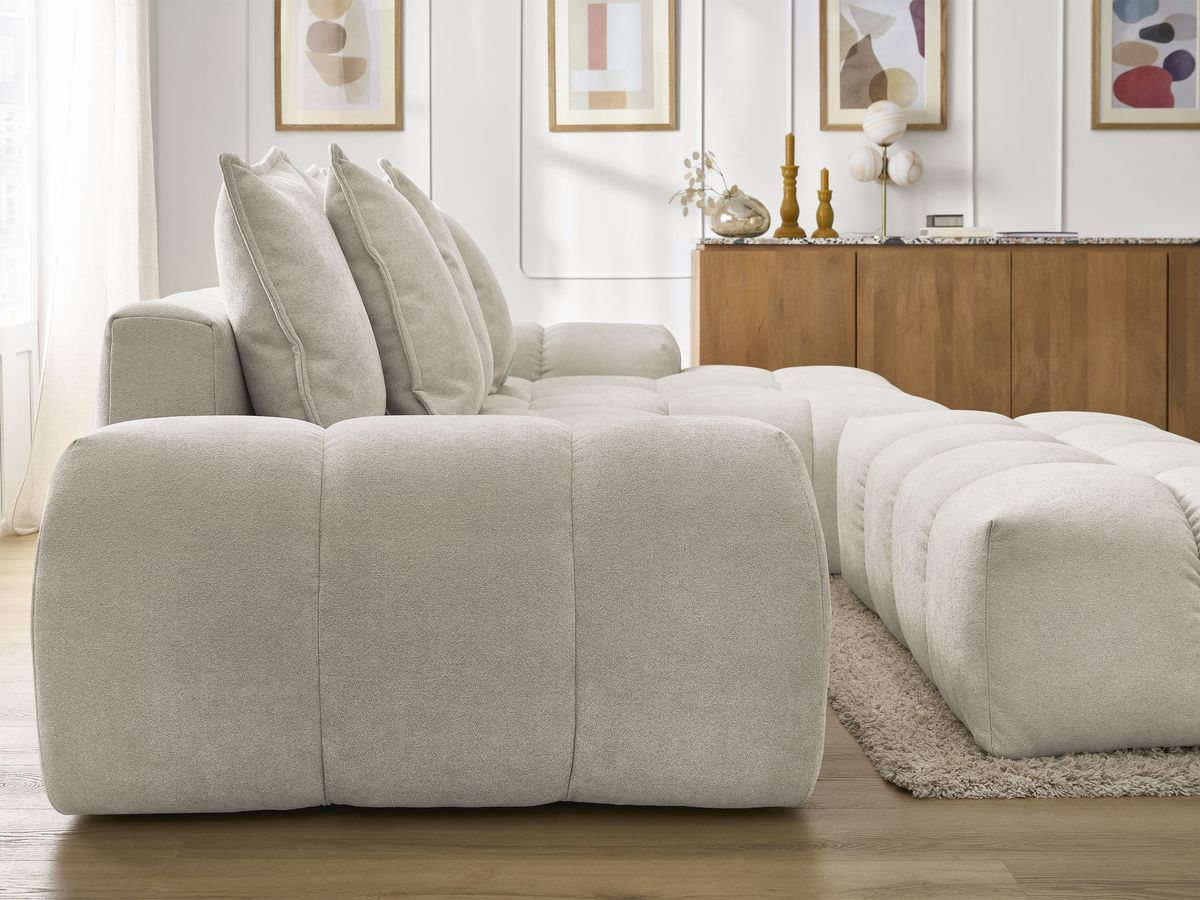 Bobochic Everest Ecksofa mit Schlaffunktion und Bettkasten und Pouf 318 × 180 cm, 7 Kissen Strukturstoff Beige Ecke rechts