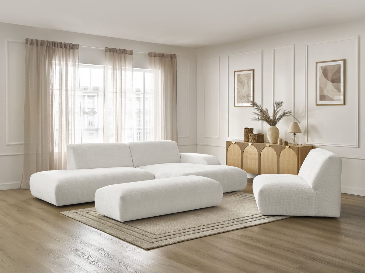 Bobochic Sirius Ecksofa mit Pouf 405 × 170 cm Strukturstoff Weiß Ecke rechts