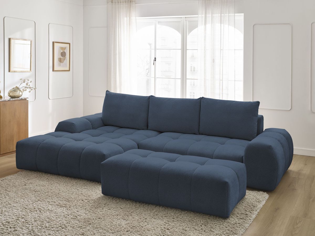 Bobochic Everest Ecksofa mit Schlaffunktion und Bettkasten und Pouf 318 × 180 cm, 3 Kissen Melange-Stoff Dunkelblau Ecke links