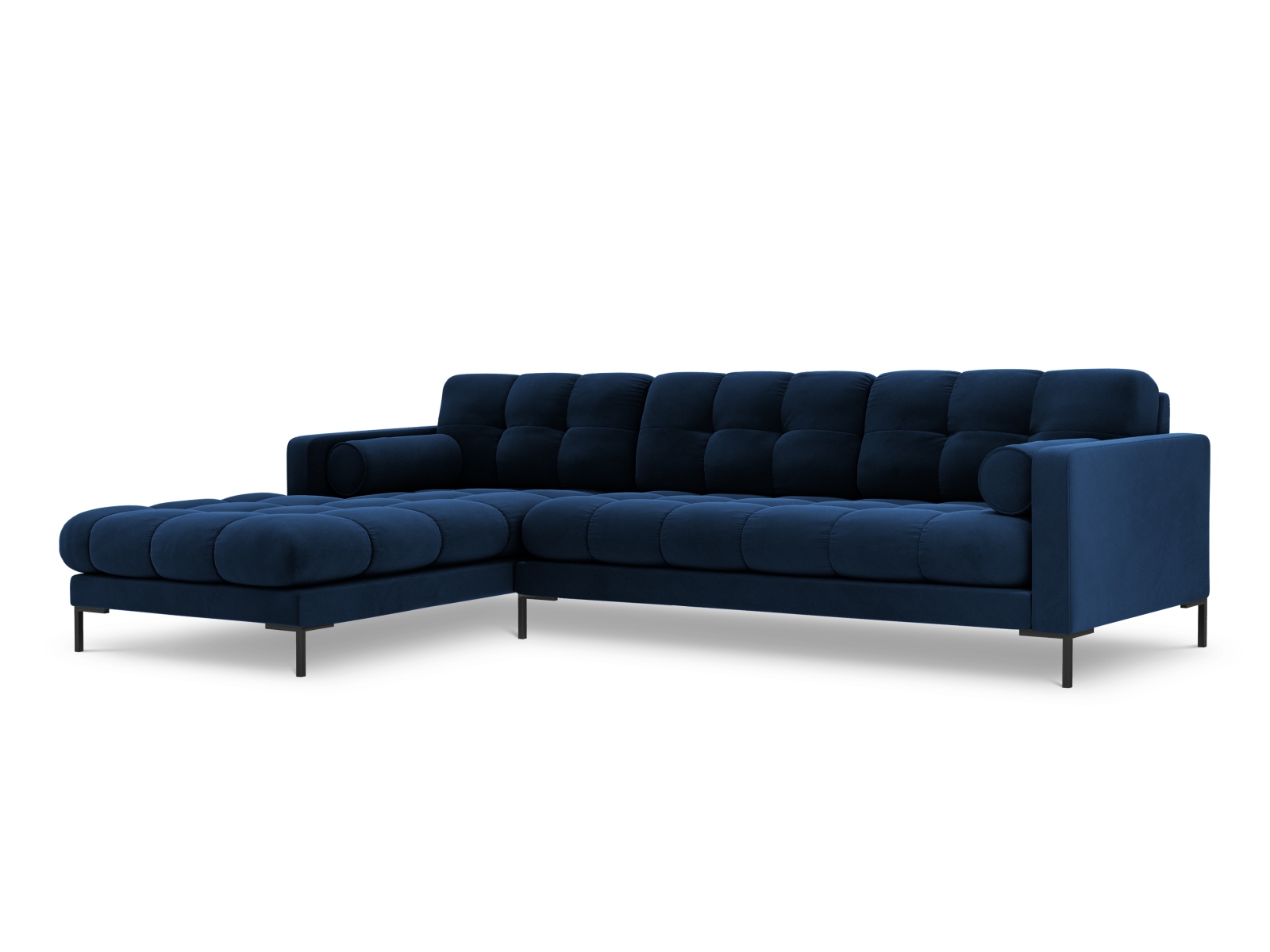 Cosmopolitan Design Ecksofa Bali 5-Sitzer Samt Bluvel Königsblau Links Beine Schwarzes Metall