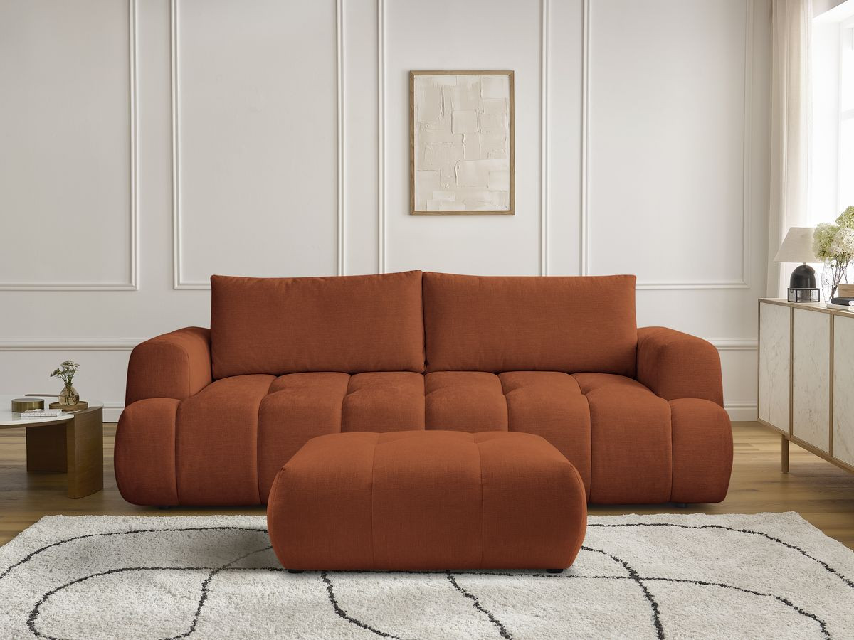 Bobochic Fuji Schlafsofa 3-Sitzer mit Bettkasten und Pouf Stoff Orange