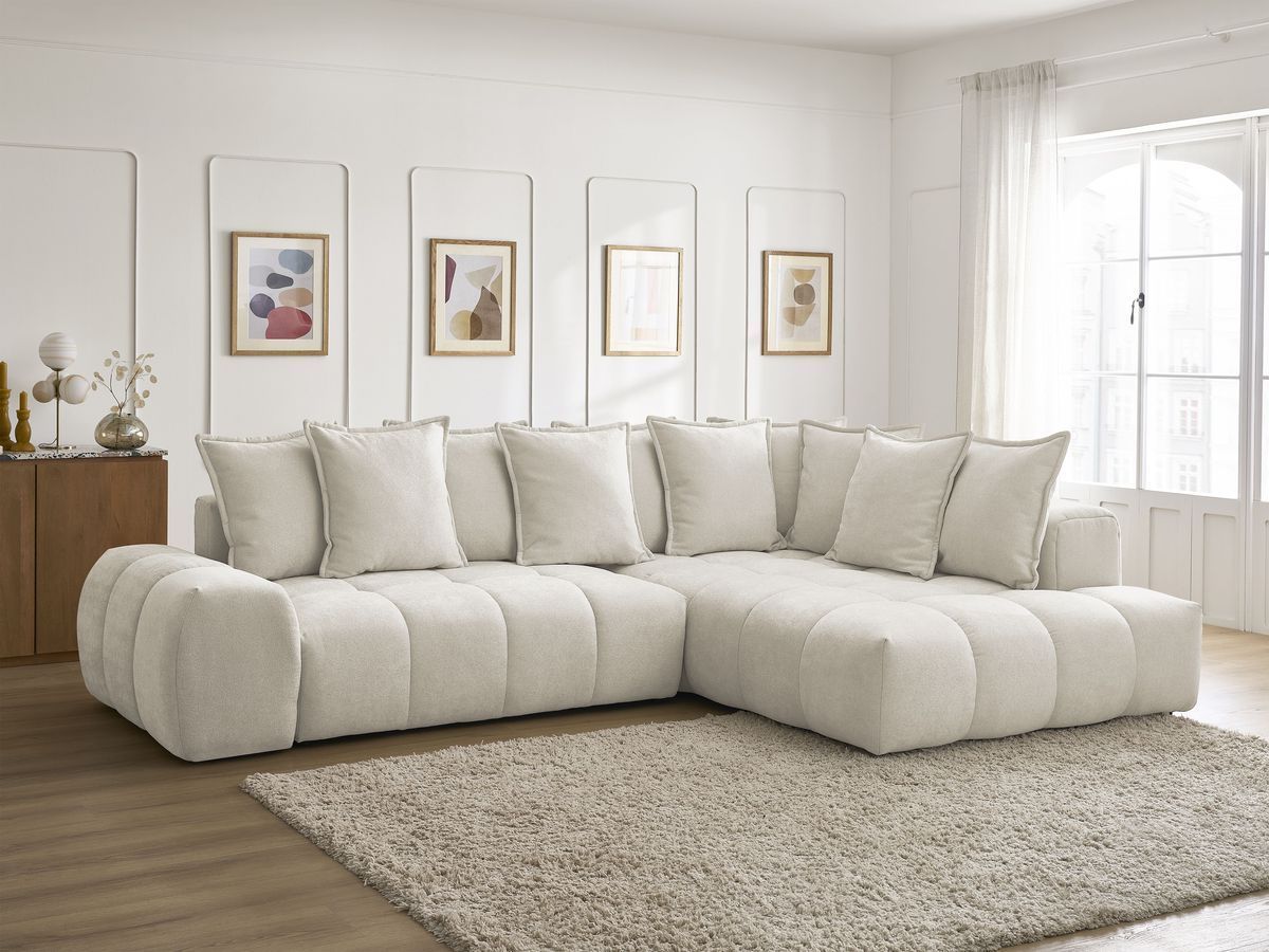 Bobochic Everest Ecksofa mit Schlaffunktion und Bettkasten 320 × 212 cm, 10 Kissen Strukturstoff Beige Ecke rechts