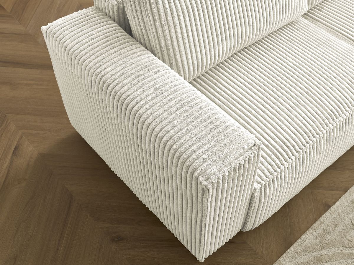 Bobochic Chelsea Ecksofa mit Schlaffunktion und Bettkasten und Pouf Breitcord weich Beige