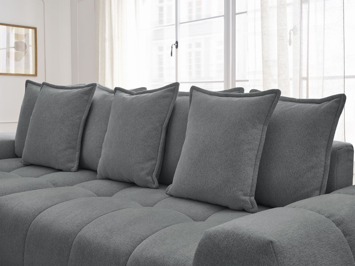 Bobochic Everest Ecksofa mit Schlaffunktion und Bettkasten 318 × 180 cm, 7 Kissen Melange-Stoff Dunkelgrau Ecke links