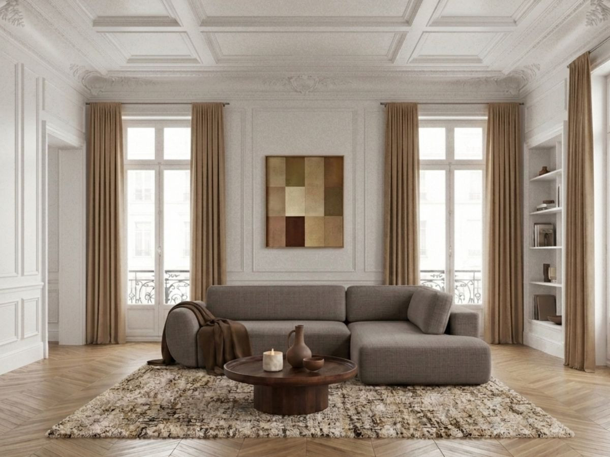 Bobochic Denise Ecksofa mit Schlaffunktion und Bettkasten 256 × 197 cm Strukturstoff Taupe Ecke rechts