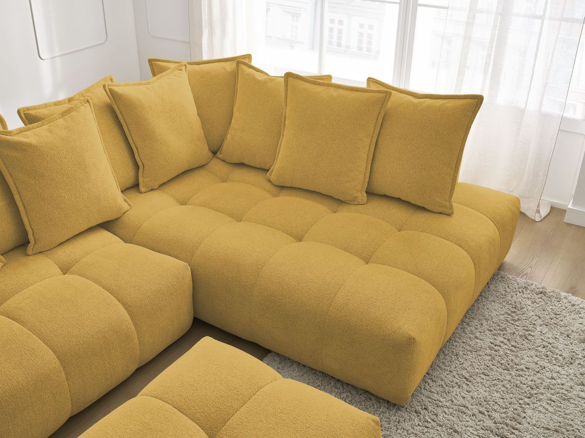 Bobochic Everest Ecksofa mit Schlaffunktion und Bettkasten und Pouf 320 × 212 cm, 10 Kissen Melange-Stoff Gelb Ecke rechts