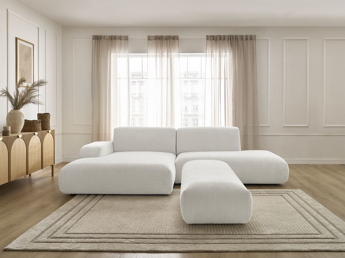 Bobochic Sirius Ecksofa mit Pouf 300 × 170 cm Strukturstoff Weiß Ecke links