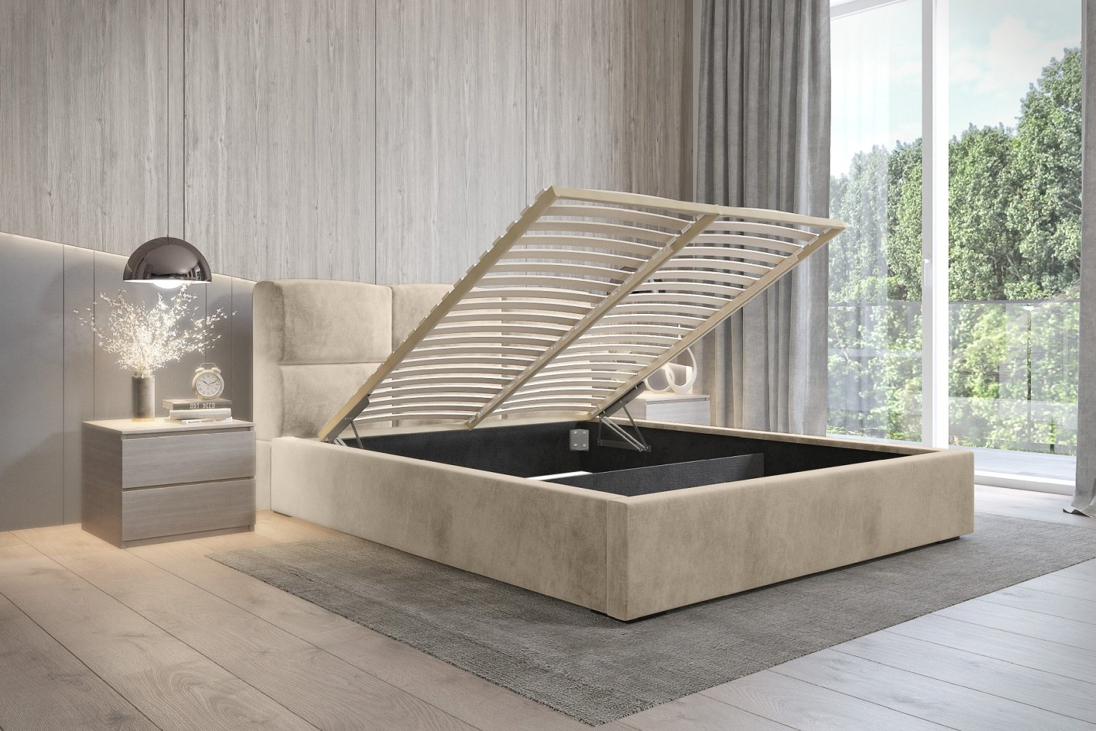Polsterbett Portoza Samtstoff 160x200 mit Holzrahmen Macau Sand