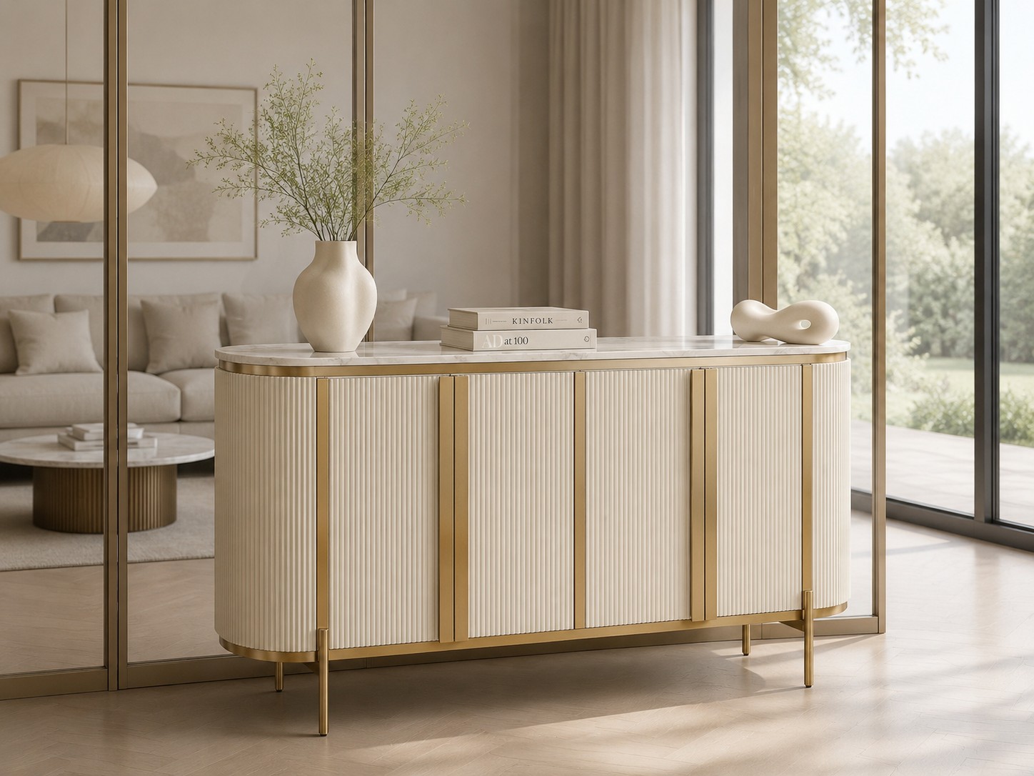 Livin Hill Sideboard Stilig Riffelfront 160 cm Ecru-Weiß, Platte Weiß