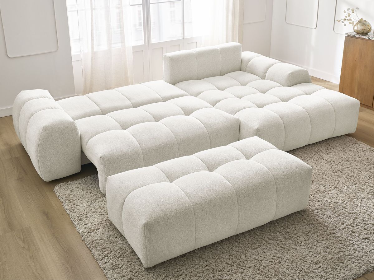 Bobochic Everest Ecksofa mit Schlaffunktion und Bettkasten und Pouf 318 × 180 cm, 3 Kissen Melange-Stoff Weiß Ecke rechts