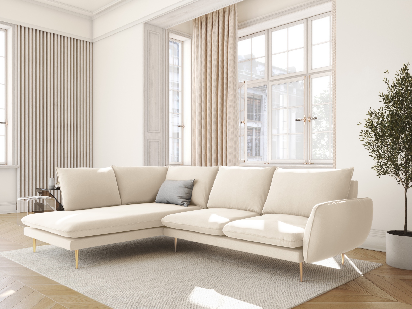 Cosmopolitan Design Ecksofa Vienna 6-Sitzer Samt Bluvel Helles Beige Links Beine Gold