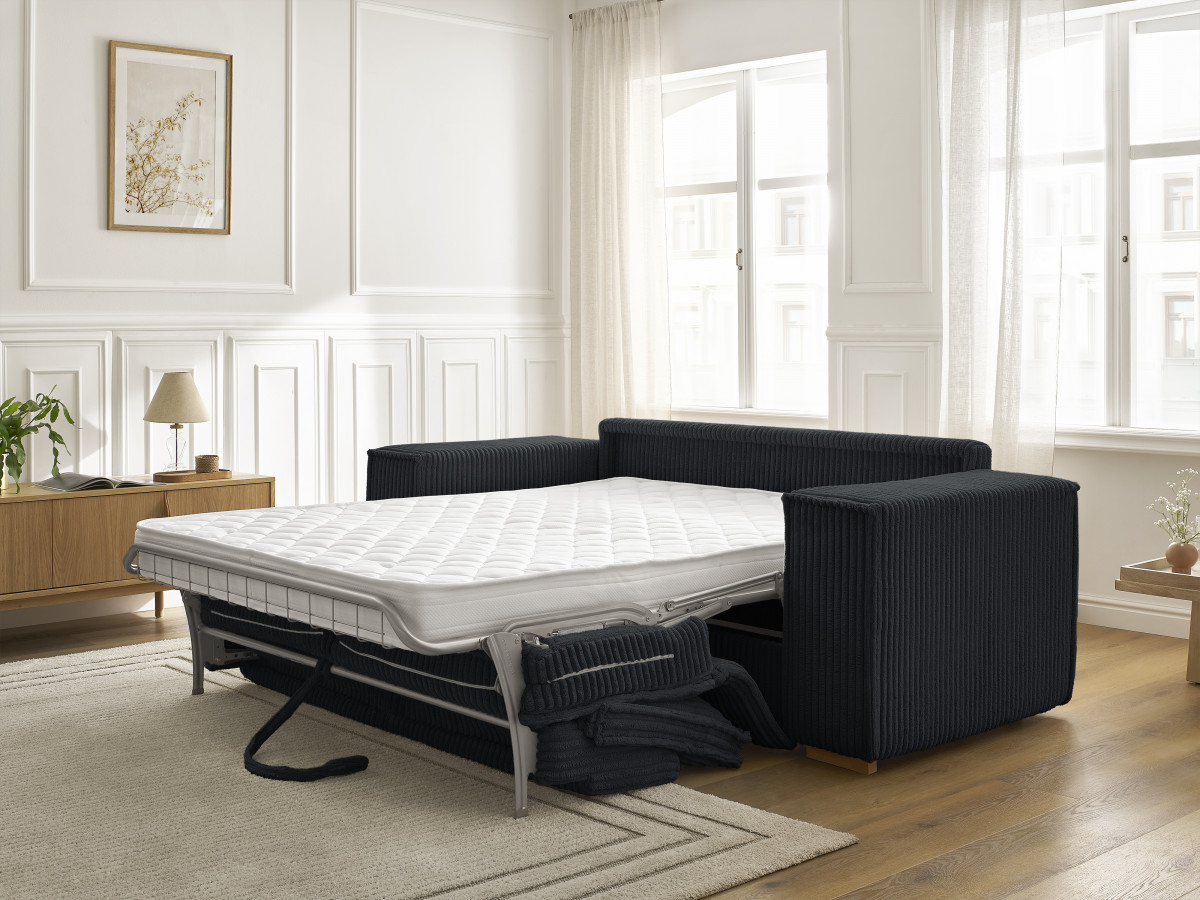 Bobochic Chelsea Schlafsofa 3-Sitzer Cordsamt Schwarz, Liegefläche 160 × 200 cm