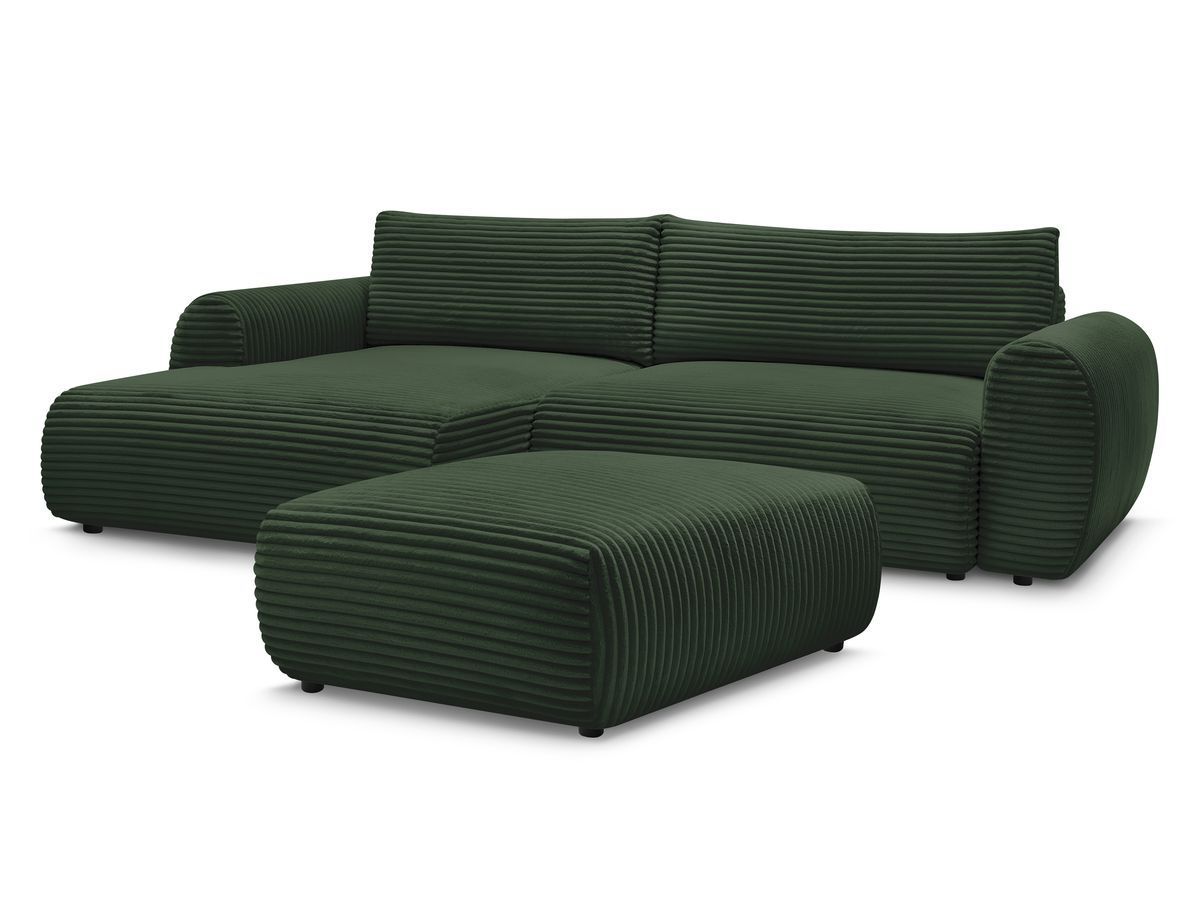 Bobochic Lucien Ecksofa mit Schlaffunktion und Bettkasten und Pouf 314 × 167 cm Breitcord weich Grün Ecke links