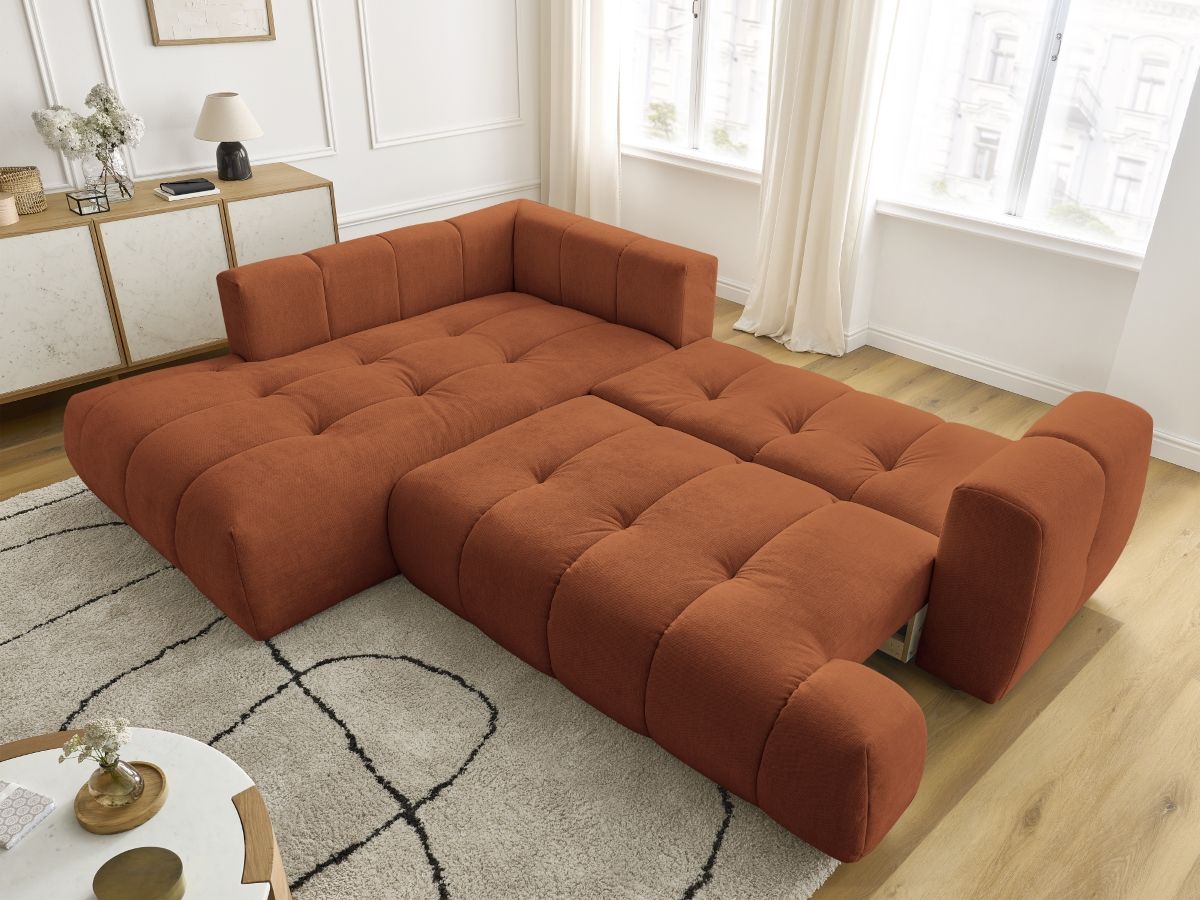 Bobochic Fuji Ecksofa mit Schlaffunktion und Bettkasten 282 × 204 cm Stoff Orange Ecke links