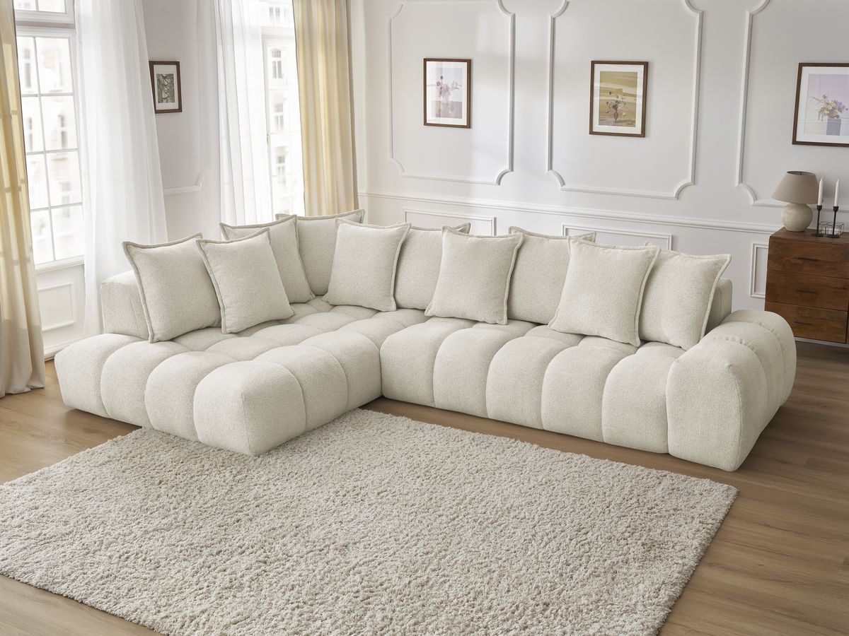 Bobochic Everest Ecksofa, 10 Kissen Melange-Stoff Weiß Ecke links