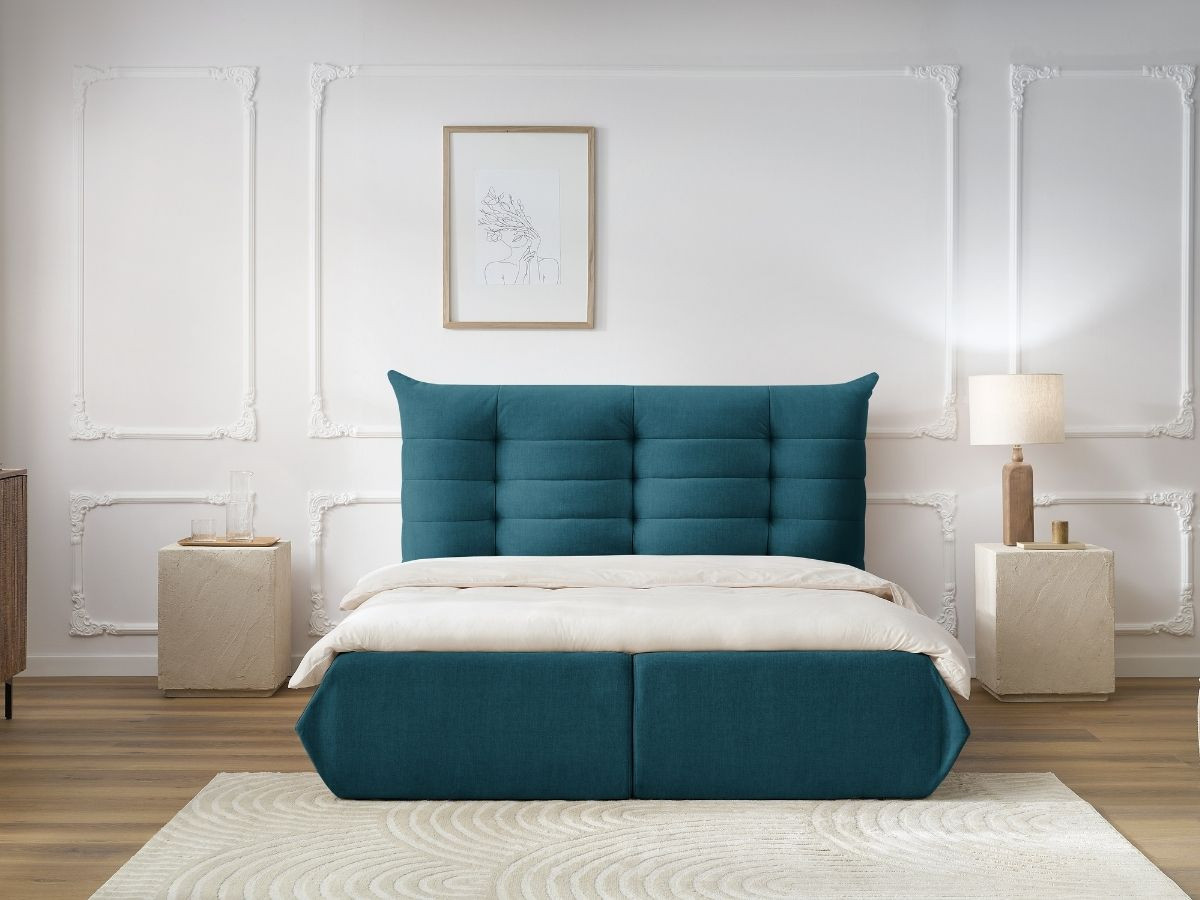 Bobochic Clothilde Polsterbett mit Bettkasten Samt Blau, Liegefläche 160 × 200 cm