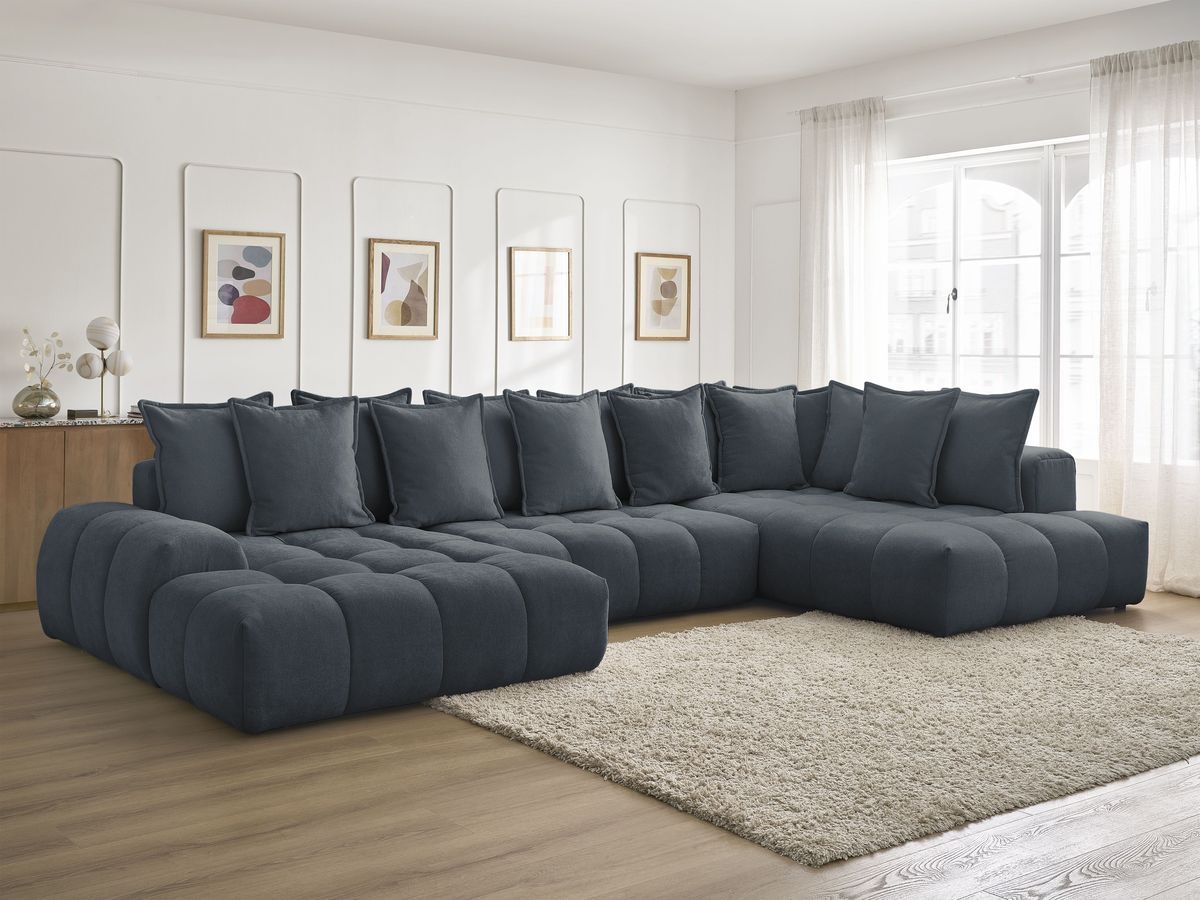 Bobochic Everest Wohnlandschaft, 14 Kissen Strukturstoff Dunkelblau Ecke links