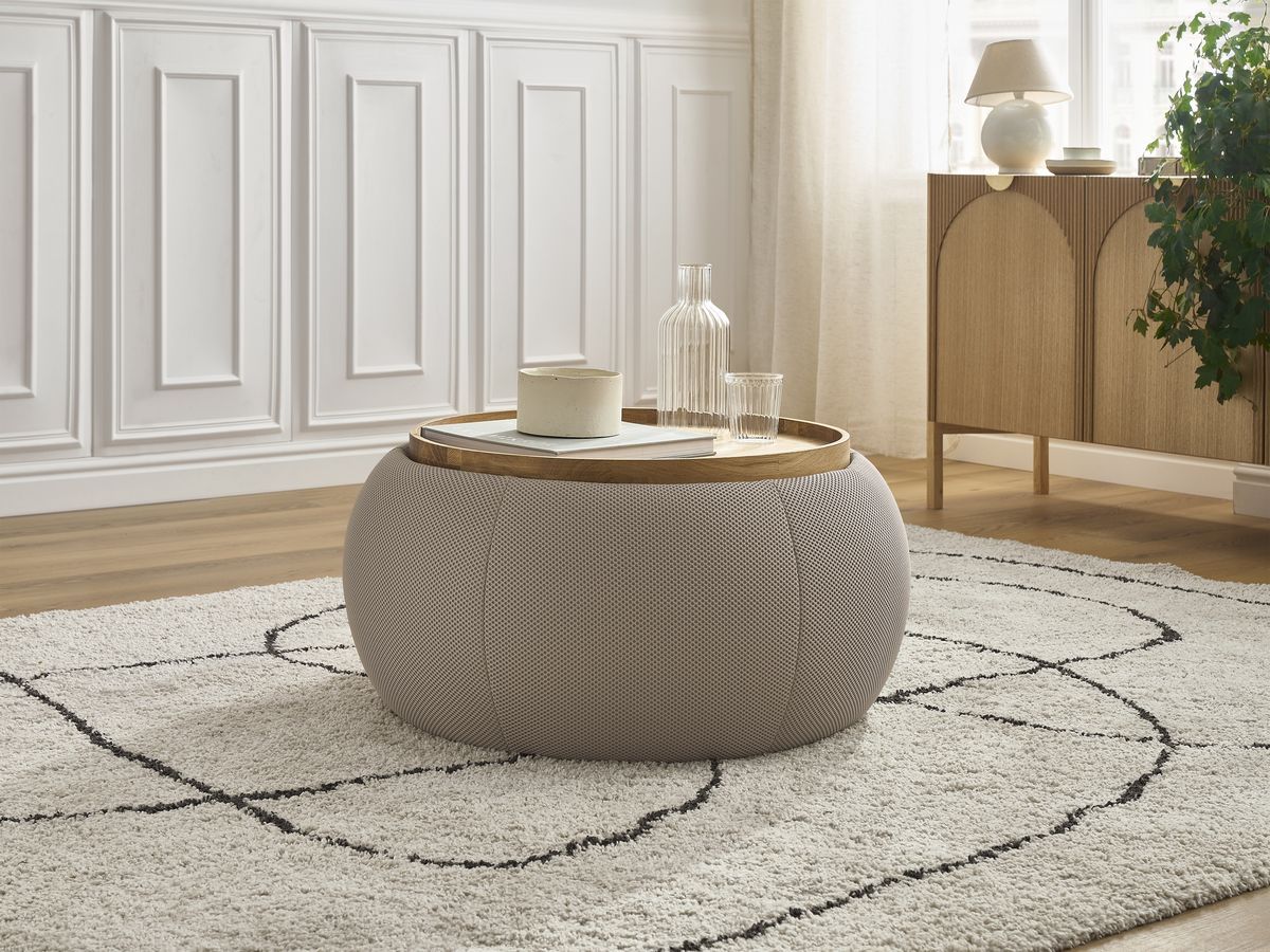 Bobochic Hayden Pouf mit Tablett, rund Mesh-Stoff Taupe, 77 cm