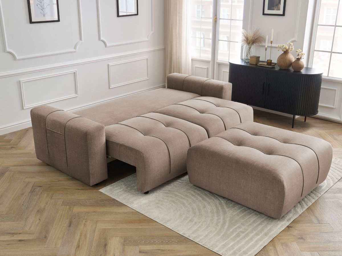 Bobochic Arsene Schlafsofa 4-Sitzer mit Bettkasten und Pouf Samt Taupe