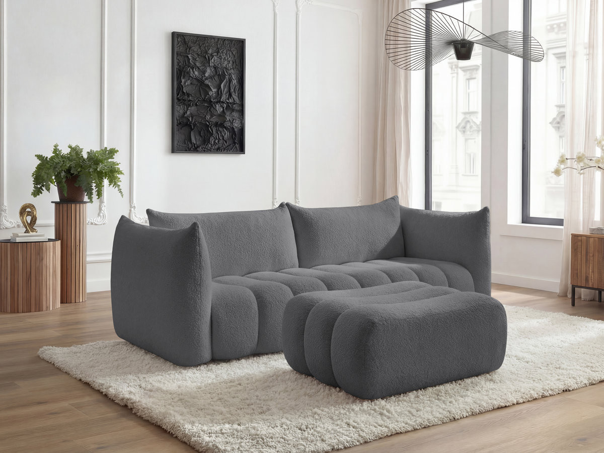 Bobochic Azra Sofa 4-Sitzer mit Pouf Bouclé-Stoff Dunkelgrau