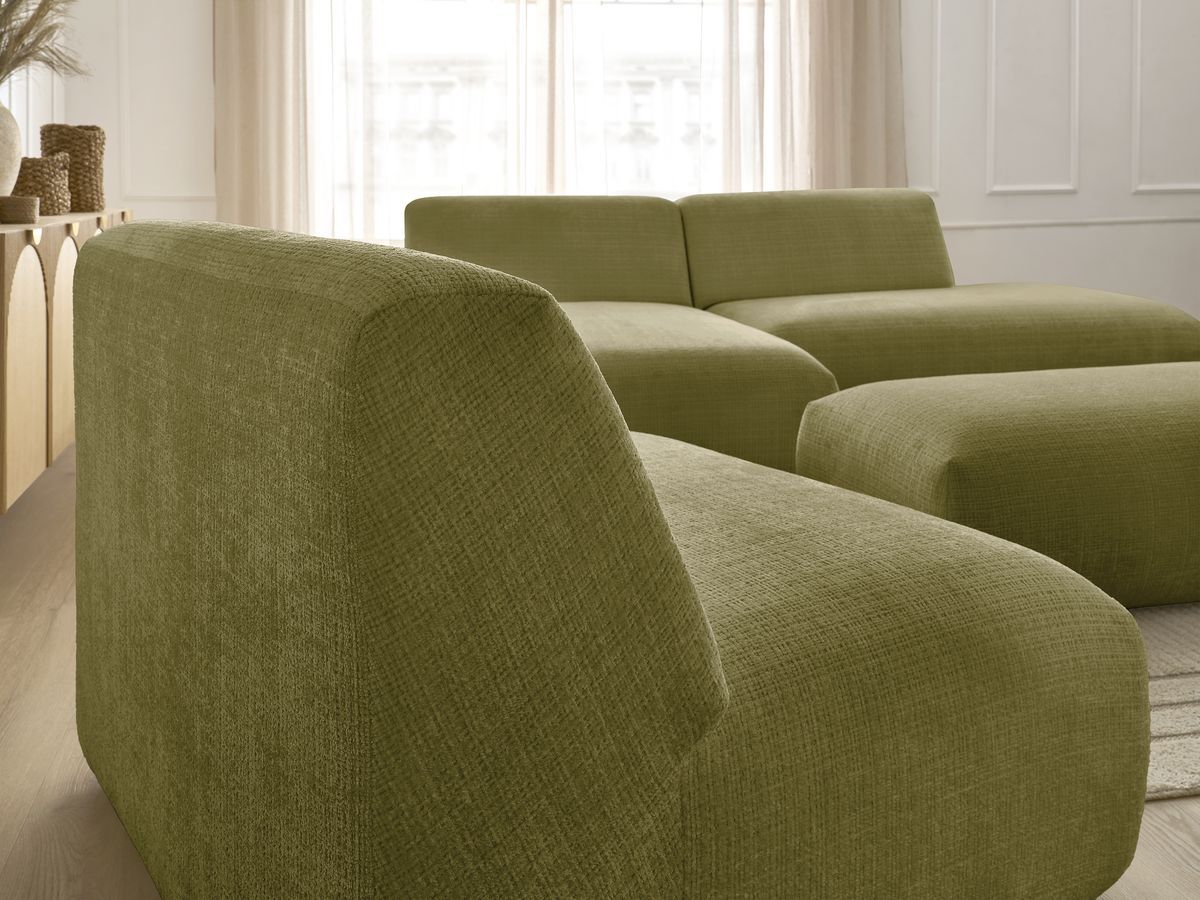 Bobochic Sirius Ecksofa mit Pouf 405 × 170 cm Strukturstoff Grün Ecke links