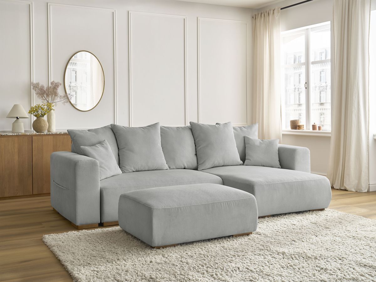 Bobochic Sidonie Ecksofa mit Schlaffunktion und Bettkasten und Pouf Cordsamt Hellgrau